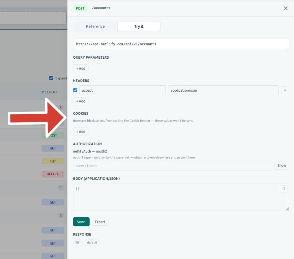 The Try it tab: request URL, parameters, auth, body, and Send