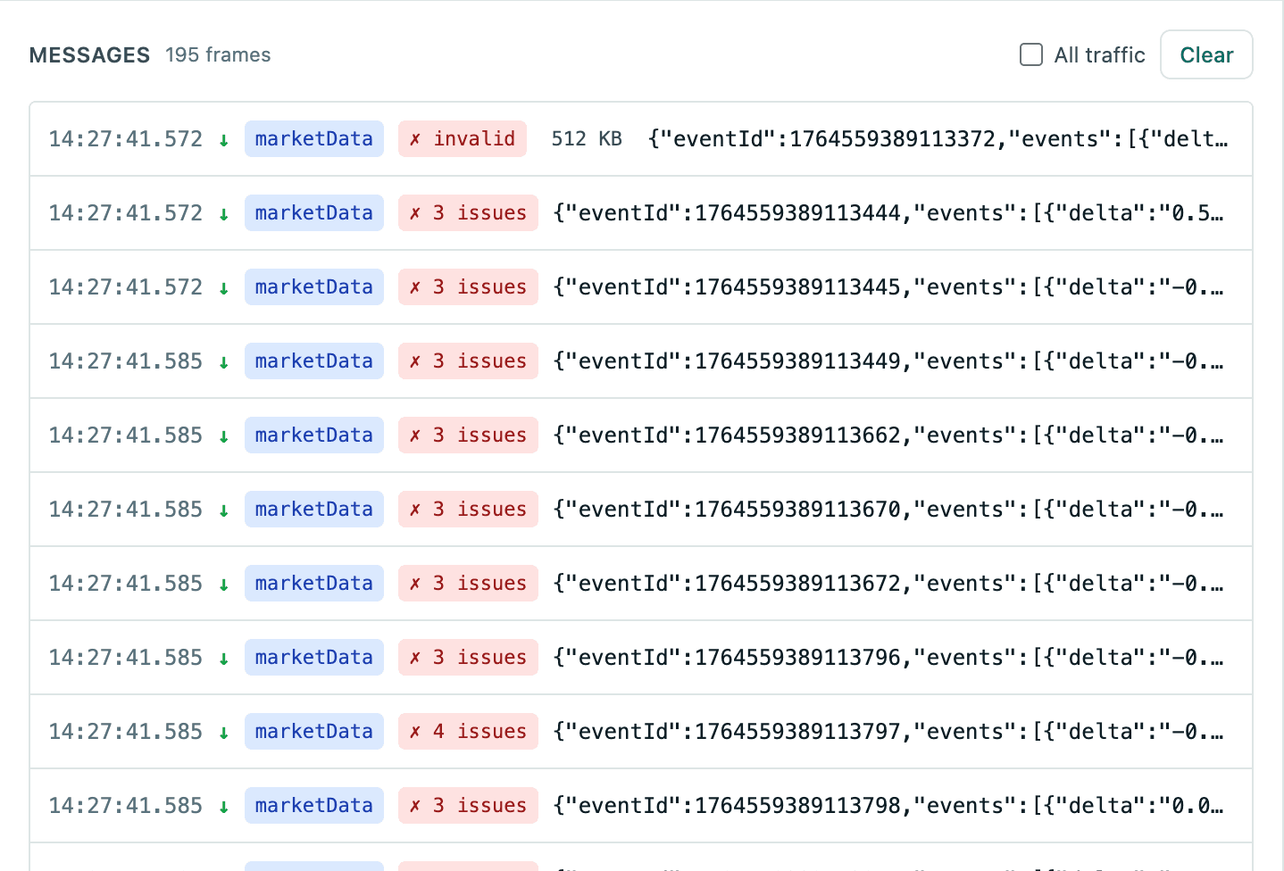 The WebSocket Try it frame log: received marketData messages with validation results